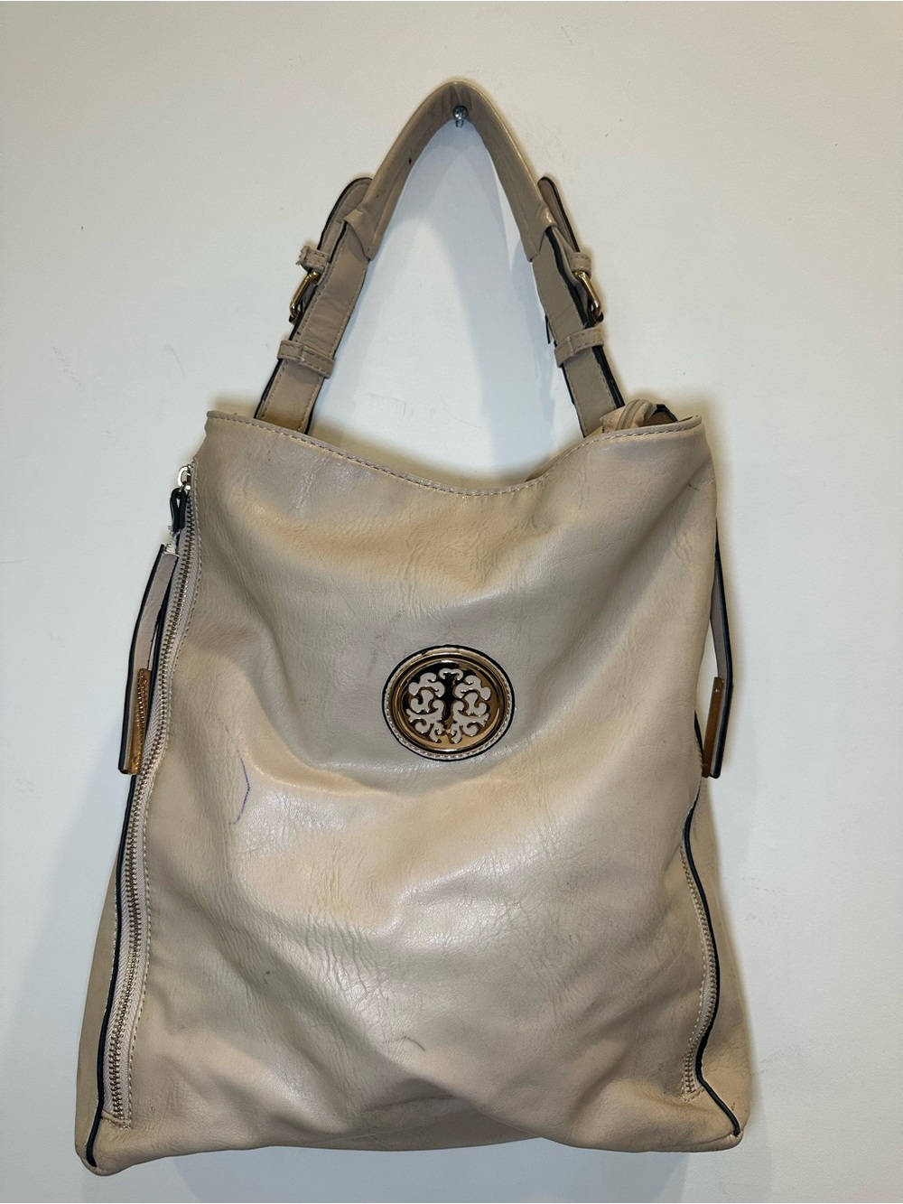 Beige Hobo Shoulder Bag with Gold Hardware